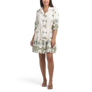 SPIGHE DI LINO Italy Linen Blend Long Sleeve Mini Dress With Rope Belt